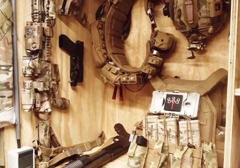 A room filled with military gear and weapons.